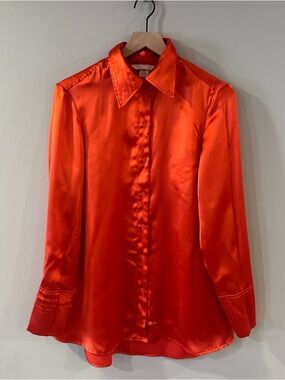 Bright Orange Satin Button-Up Blouse